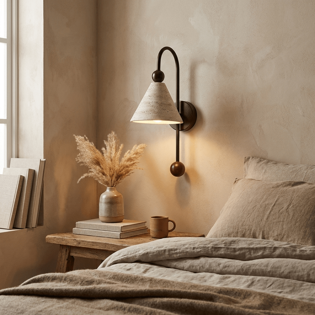 Cone Travertine Arc Wall Sconce Walnut-wood