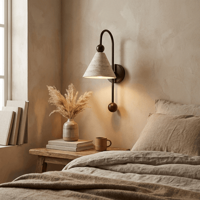 Cone Travertine Arc Wall Sconce Walnut-wood