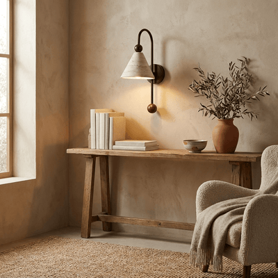Cone Travertine Arc Wall Sconce Walnut-wood
