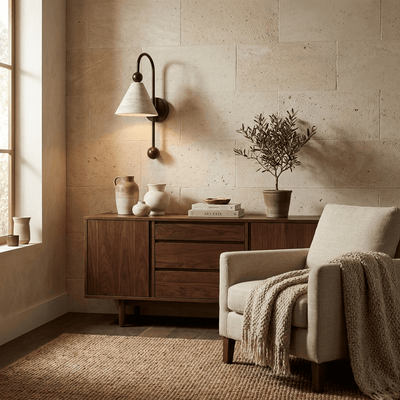 Cone Travertine Arc Wall Sconce Walnut-wood