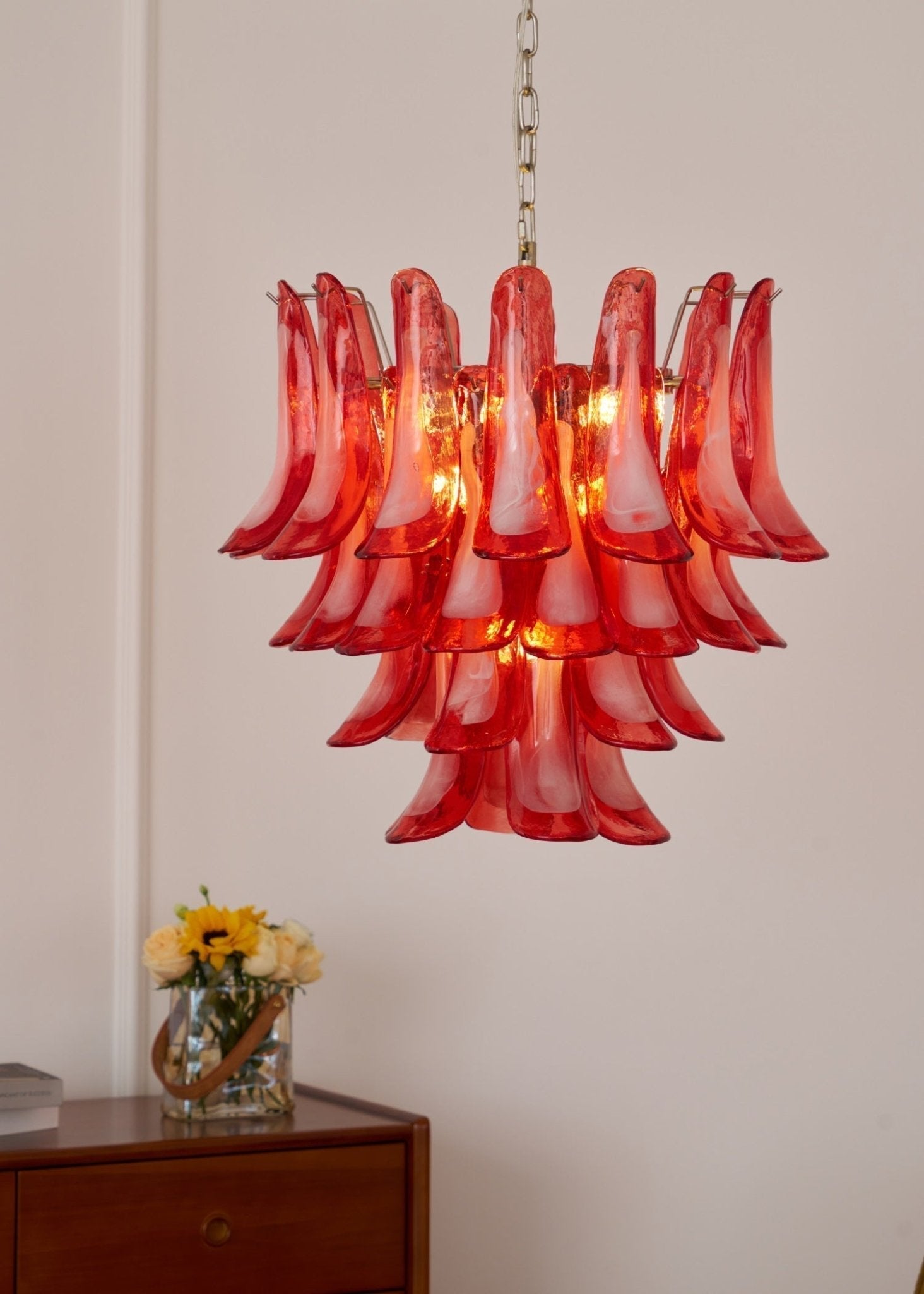 Celoelle Chandelier Crimson Murano Glass Petals Layered Vintage