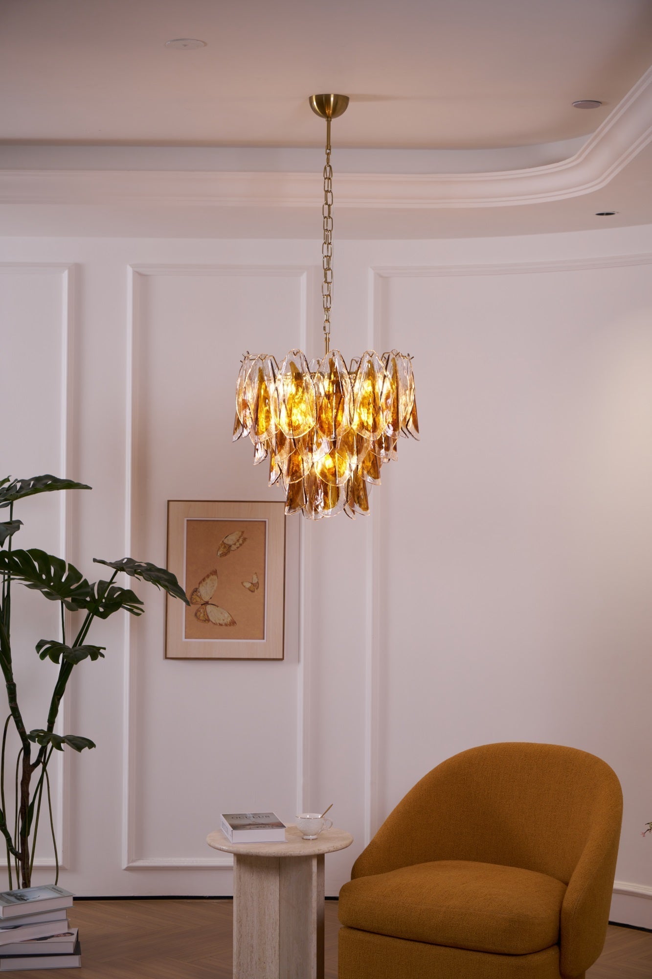 Lioraora Chandelier Amber Leaf Glass Layered Organic Warmth