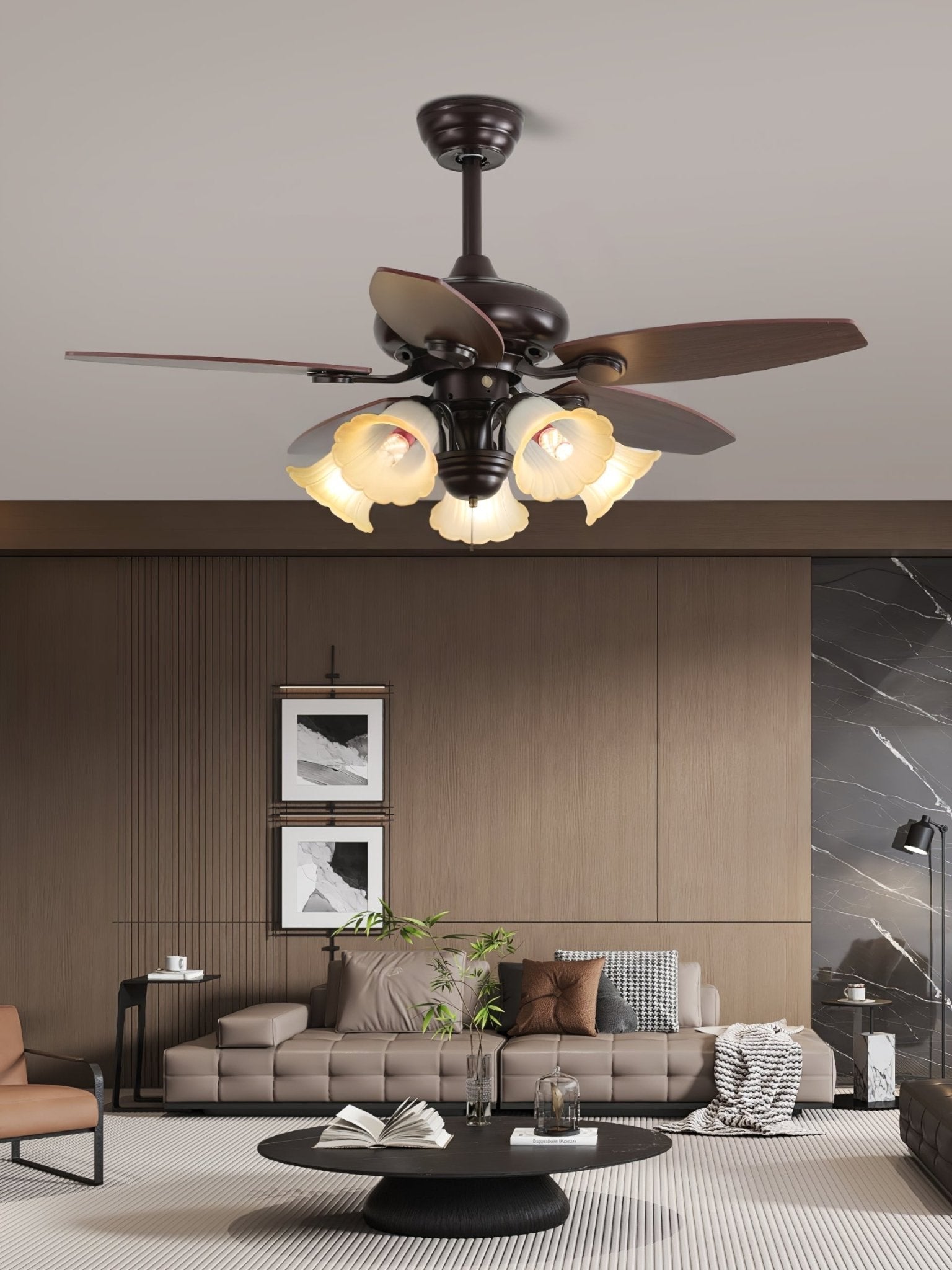 Elviveon Vintage Wood Glass Ceiling Fan Light