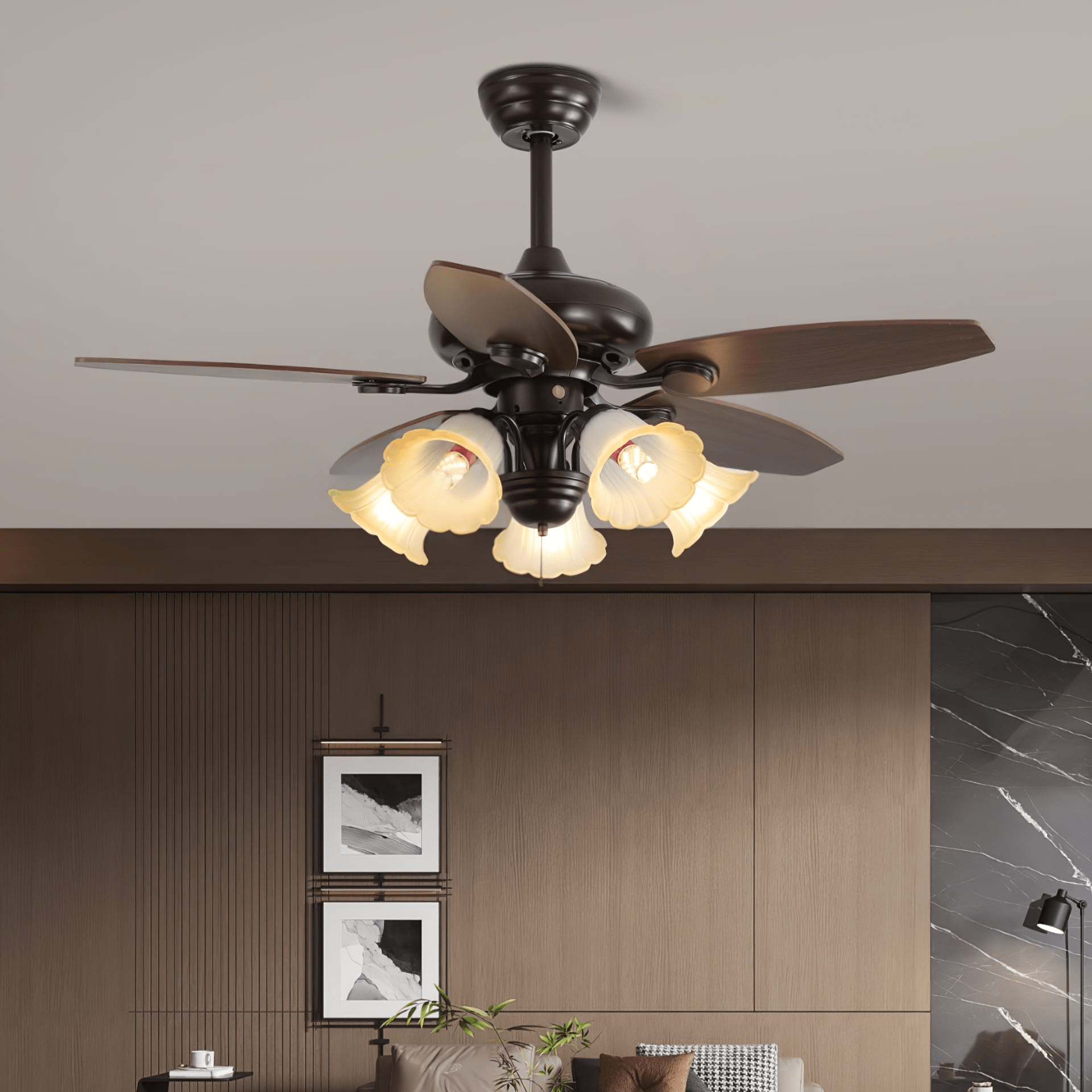 Elviveon Vintage Wood Glass Ceiling Fan Light