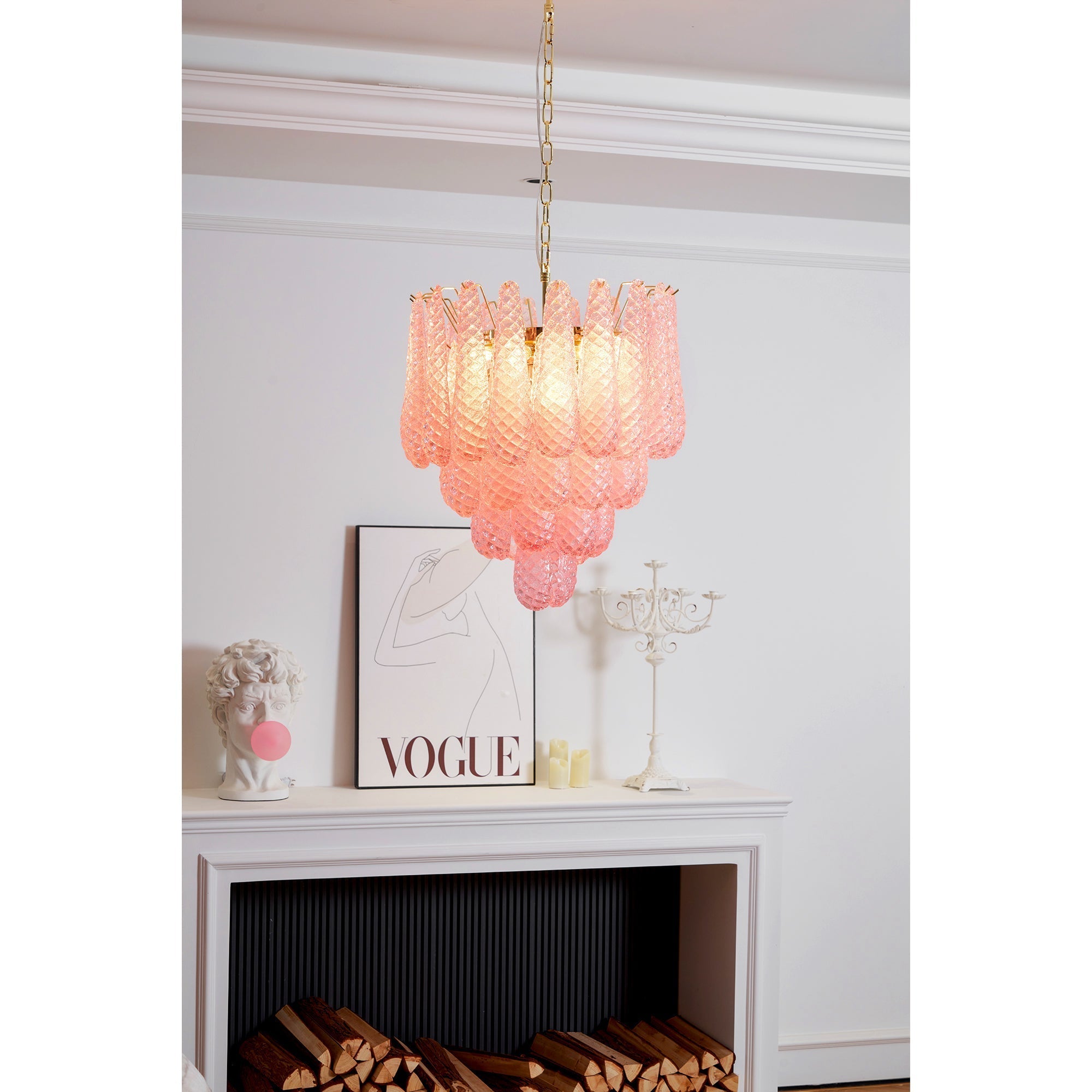 Veliena Chandelier Pink Droplet Murano Glass Diamond Pattern Waterfall