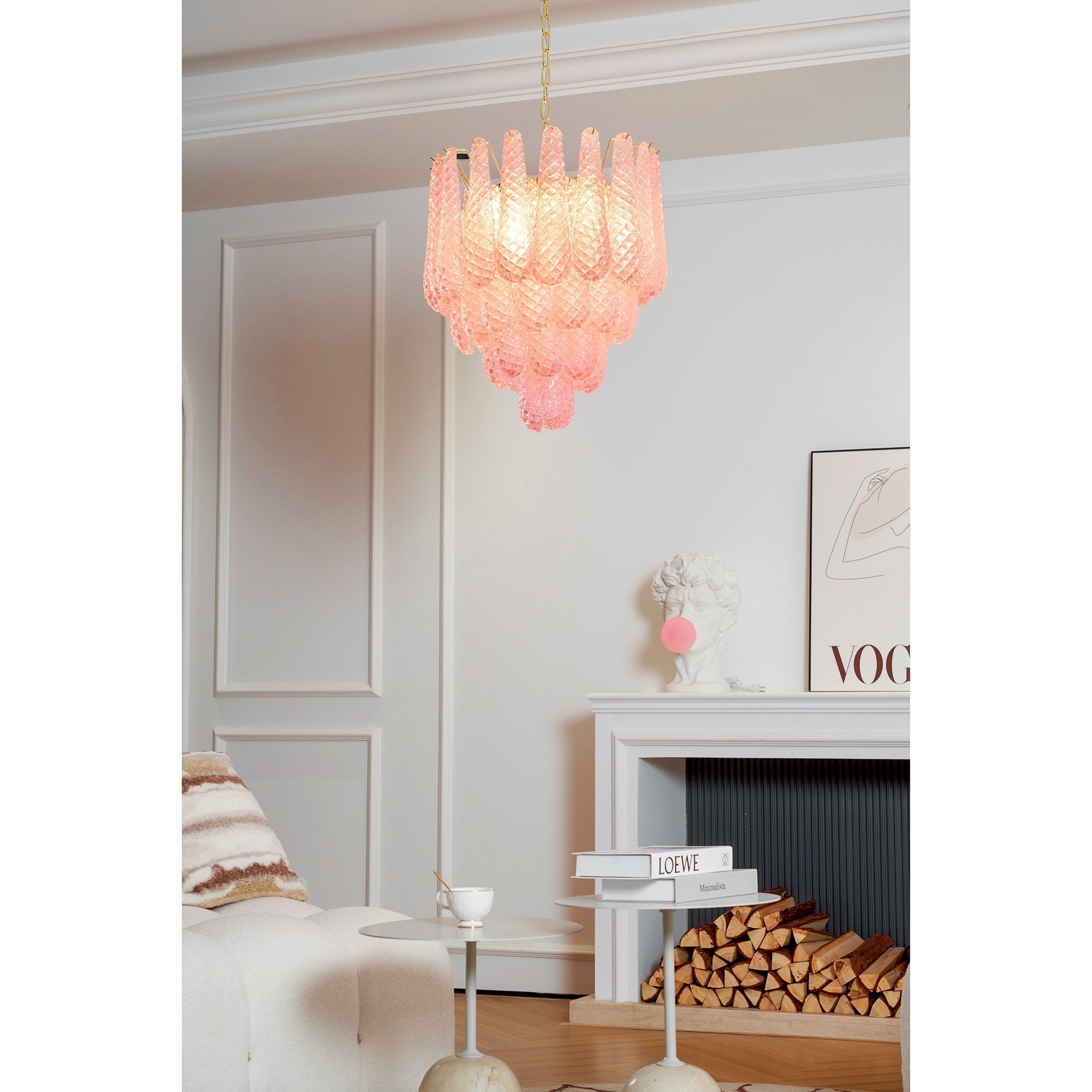 Veliena Chandelier Pink Droplet Murano Glass Diamond Pattern Waterfall