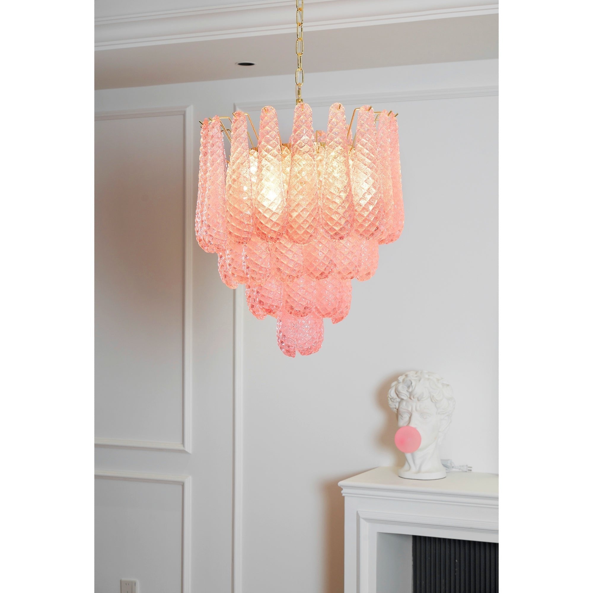 Veliena Chandelier Pink Droplet Murano Glass Diamond Pattern Waterfall