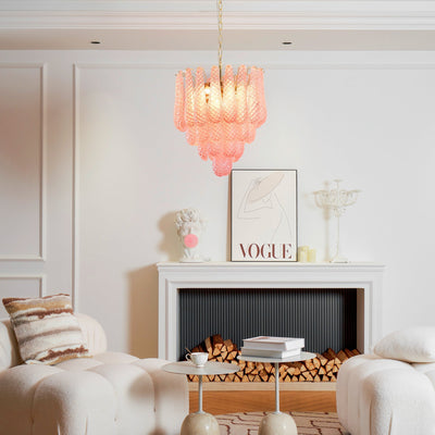 Veliena Chandelier Pink Droplet Murano Glass Diamond Pattern Waterfall