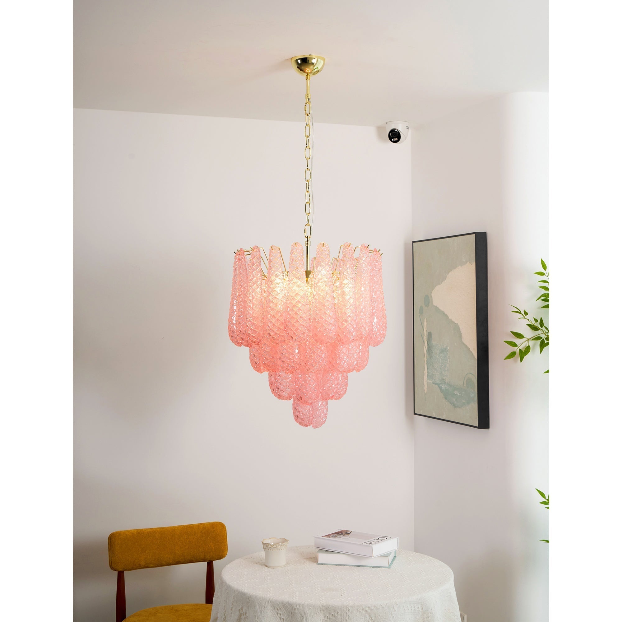 Veliena Chandelier Pink Droplet Murano Glass Diamond Pattern Waterfall