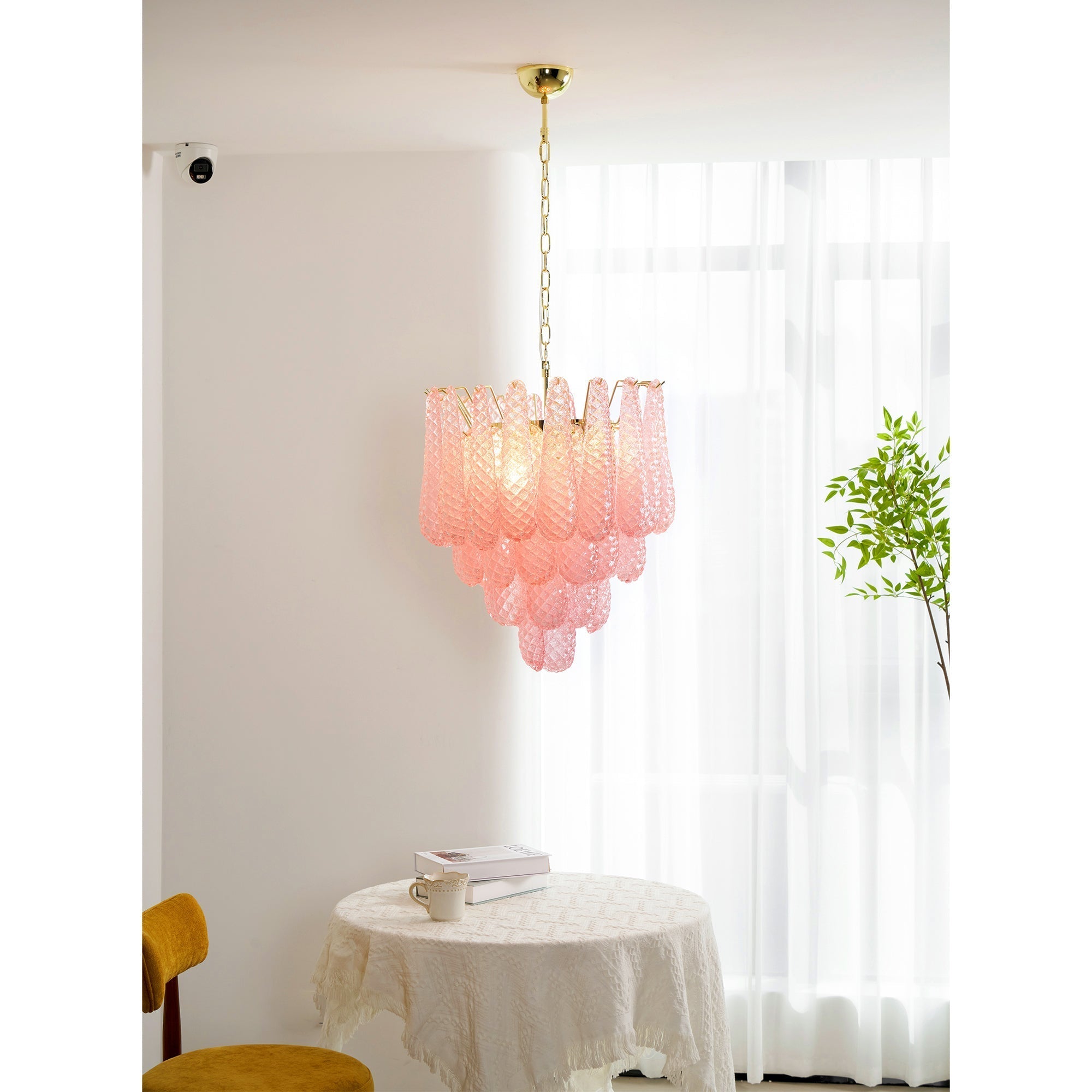 Veliena Chandelier Pink Droplet Murano Glass Diamond Pattern Waterfall