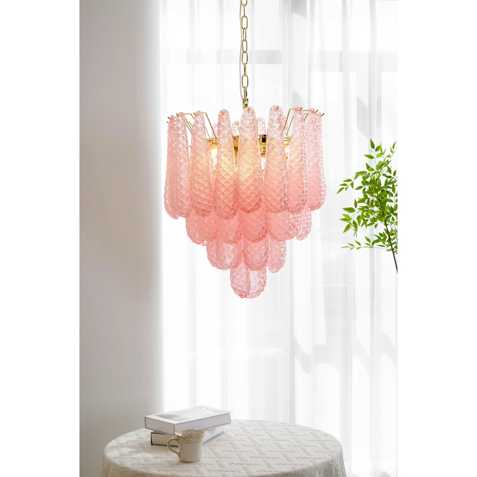 Veliena Chandelier Pink Droplet Murano Glass Diamond Pattern Waterfall