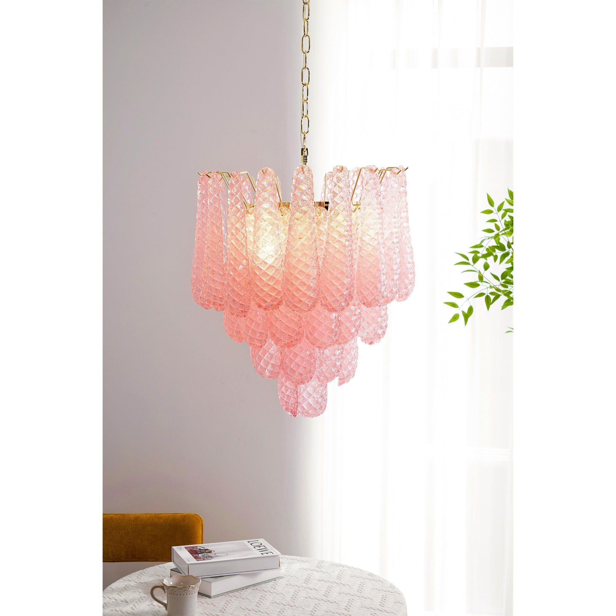 Veliena Chandelier Pink Droplet Murano Glass Diamond Pattern Waterfall