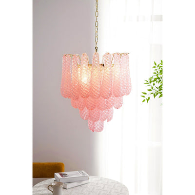 Veliena Chandelier Pink Droplet Murano Glass Diamond Pattern Waterfall