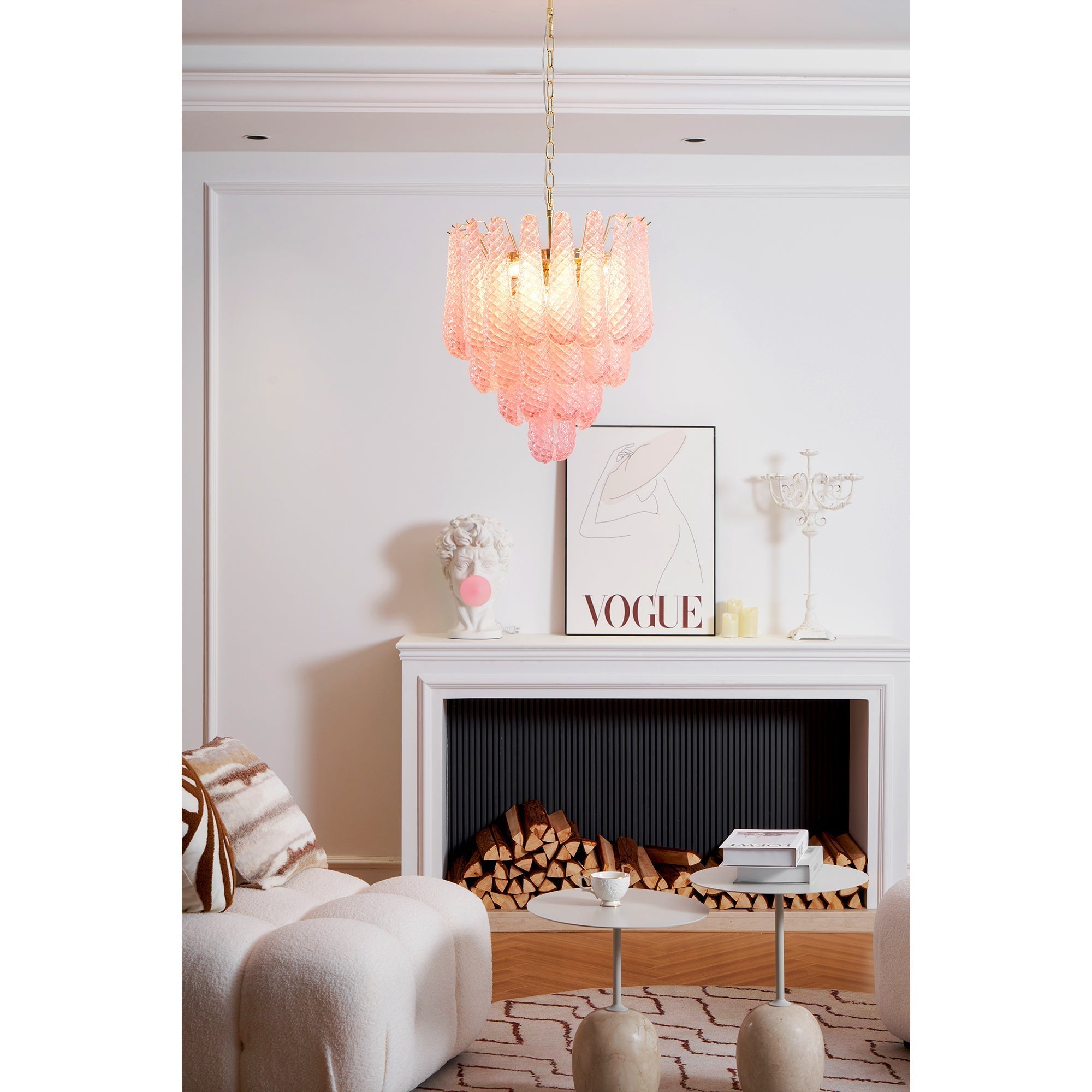 Veliena Chandelier Pink Droplet Murano Glass Diamond Pattern Waterfall