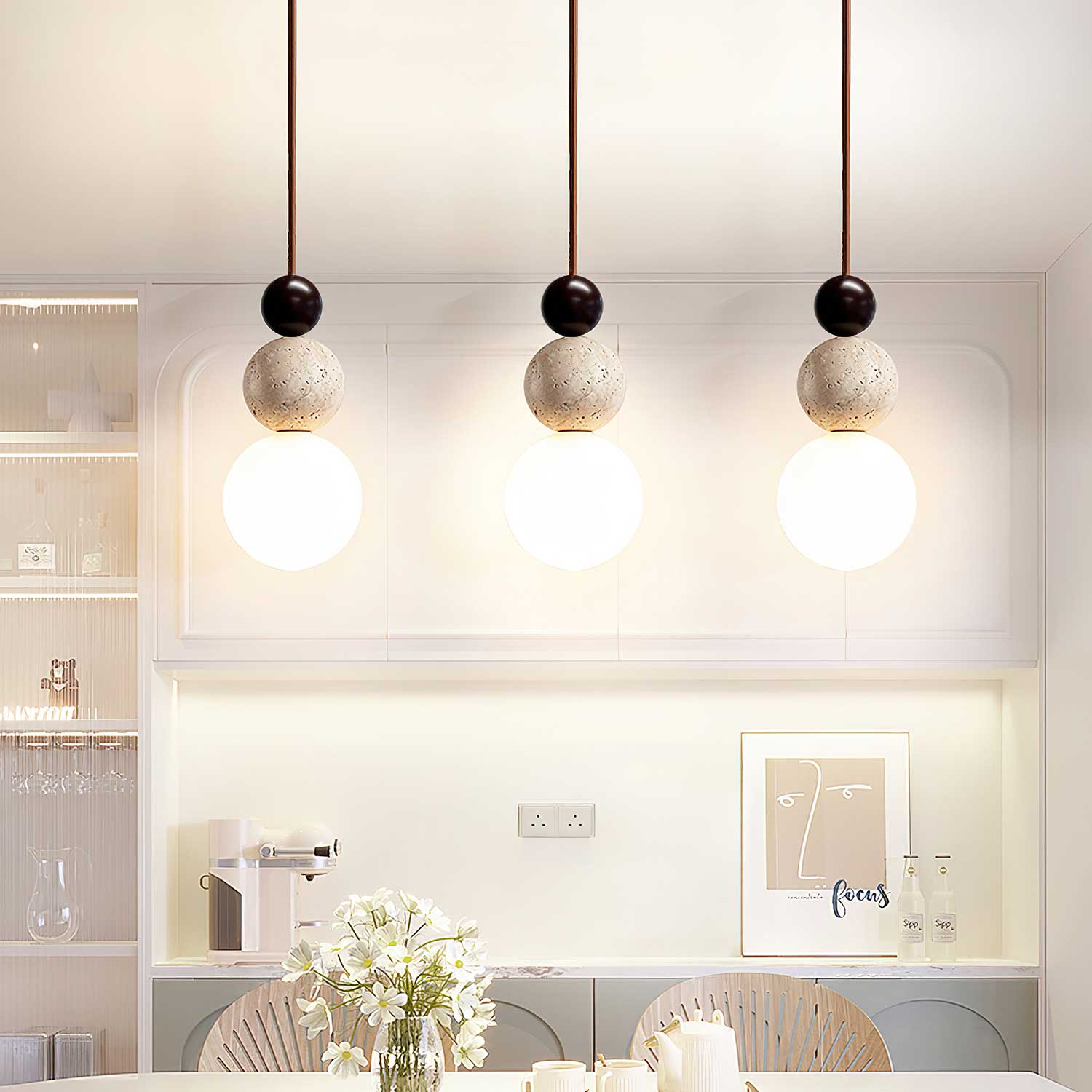 Bit Sphere-Cluster Travertine Pendant Light