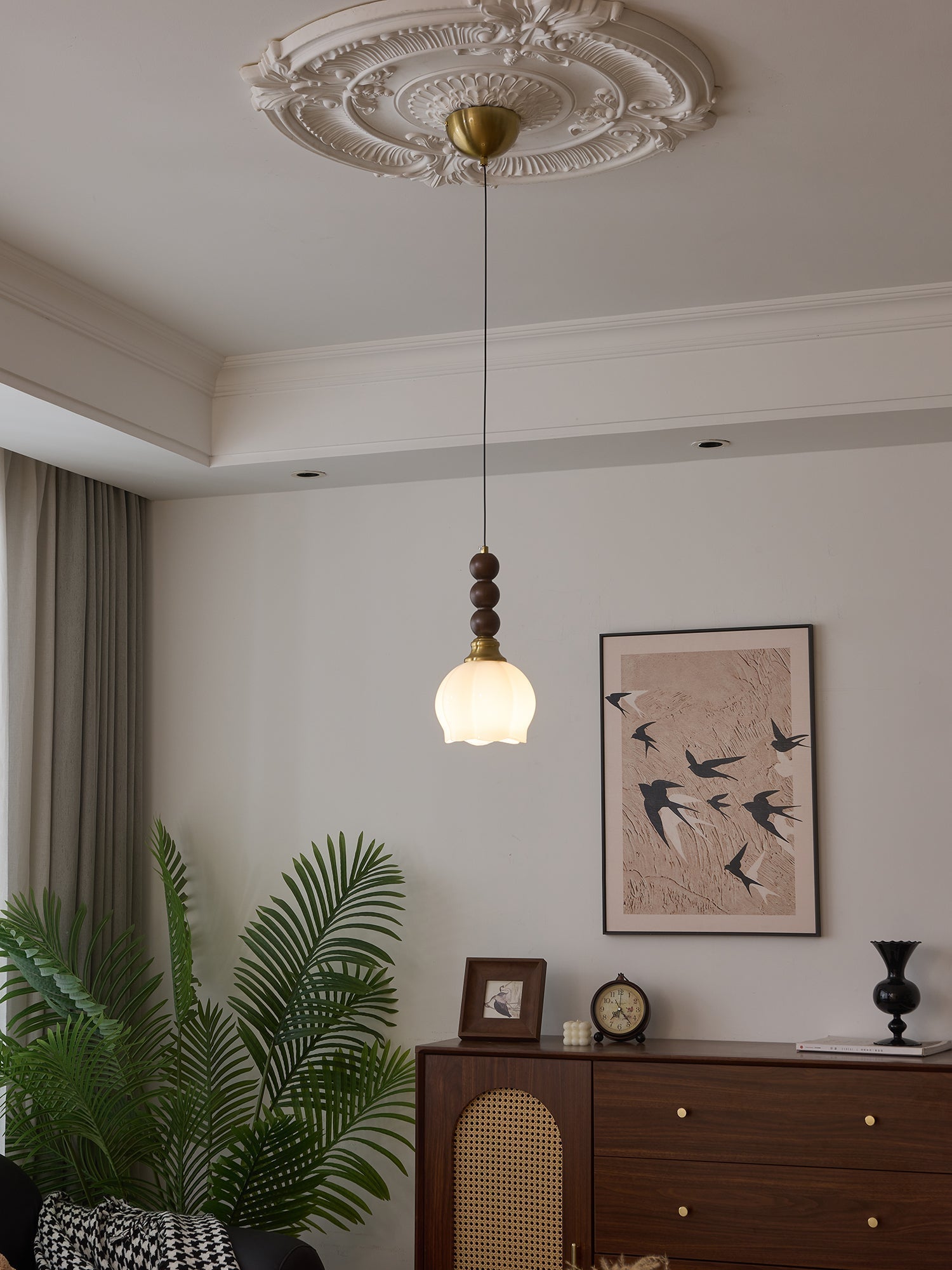 Vothaila Traditional Elegance Vintage Glass Wood Pendant Light