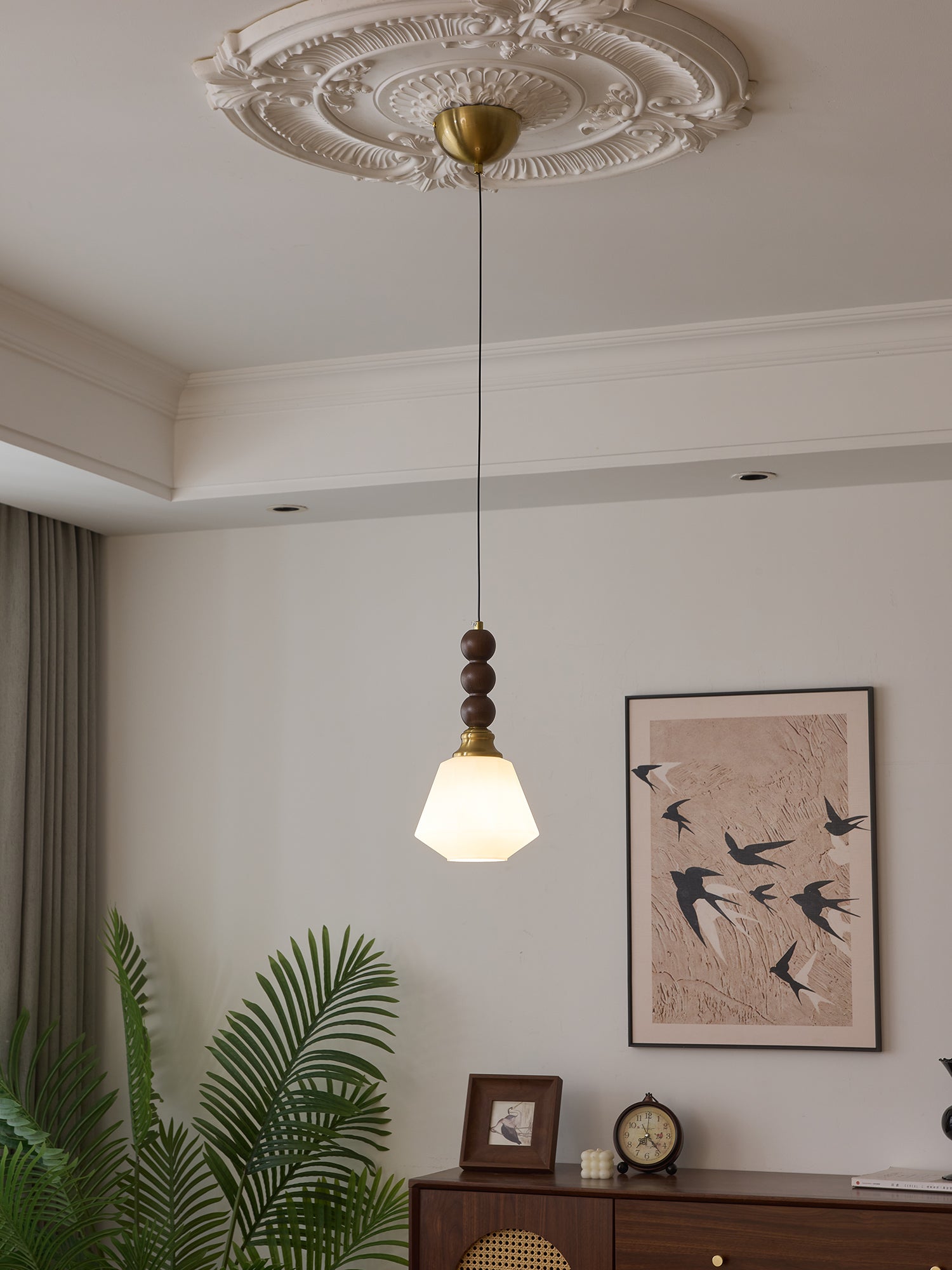 Vothaila Traditional Elegance Vintage Glass Wood Pendant Light
