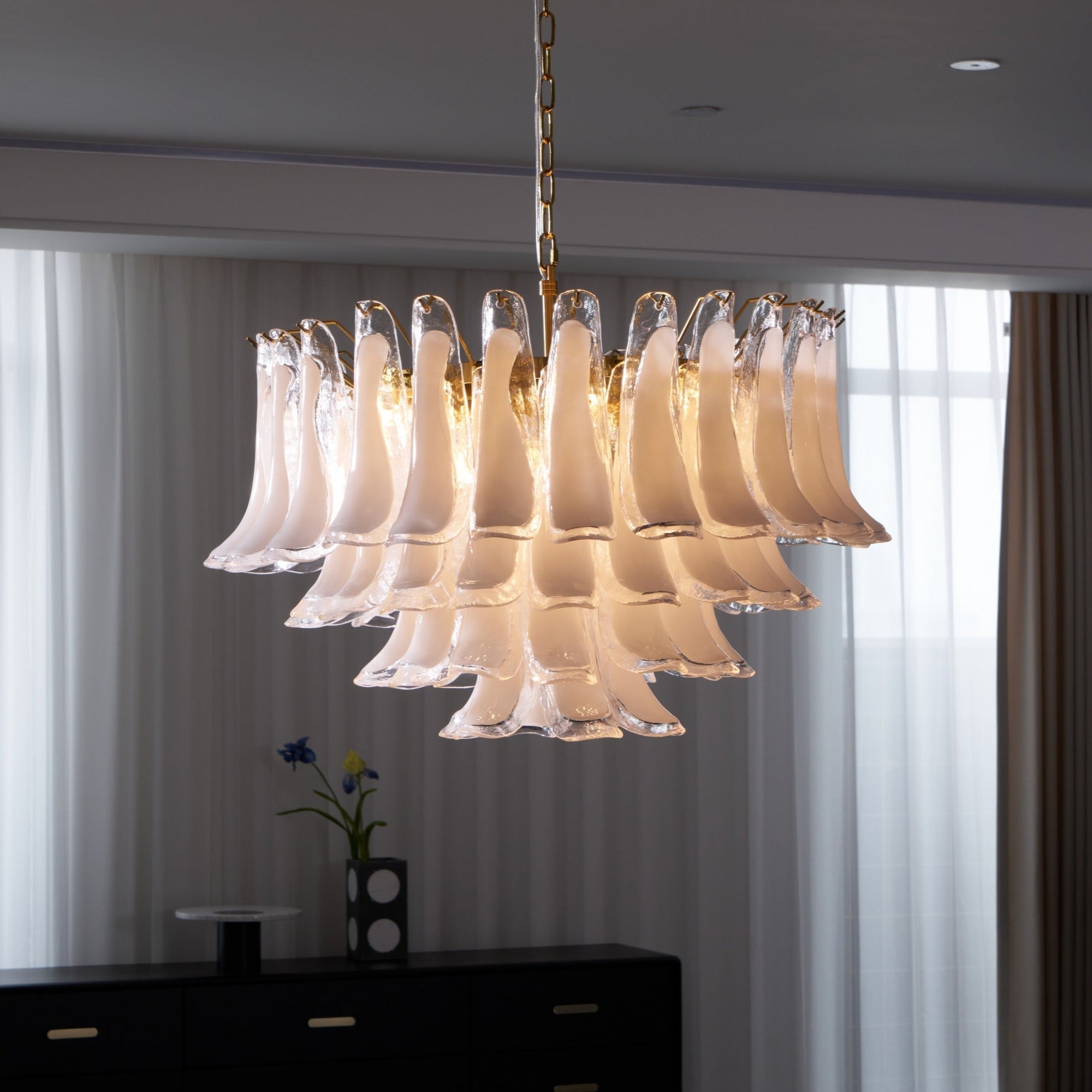 Lioroaria Chandelier Pink Glass Leaf Layered Floral Glamour