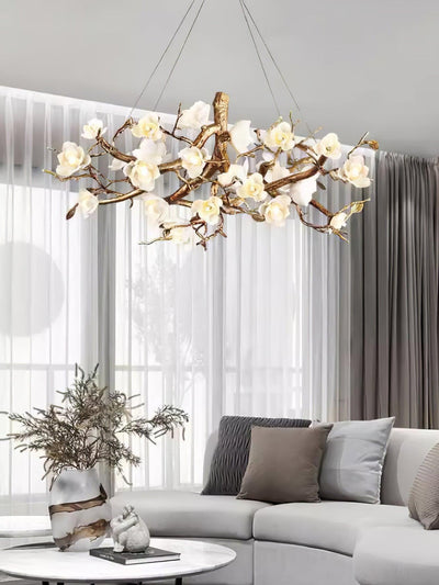 Tominex Postmodern Luxury Flower Bloom Branch Brass Ceramic Chandelier