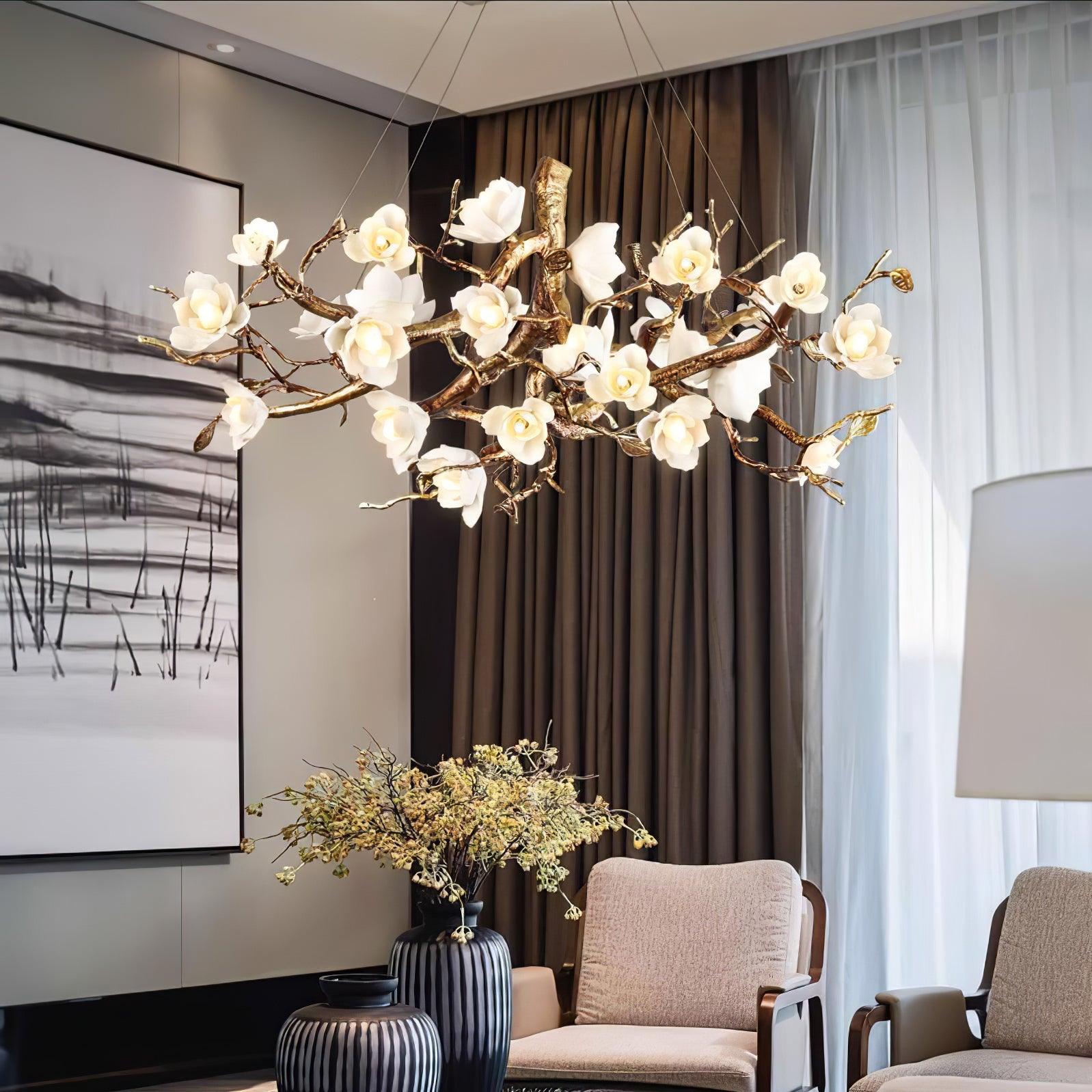 Tominex Postmodern Luxury Flower Bloom Branch Brass Ceramic Chandelier