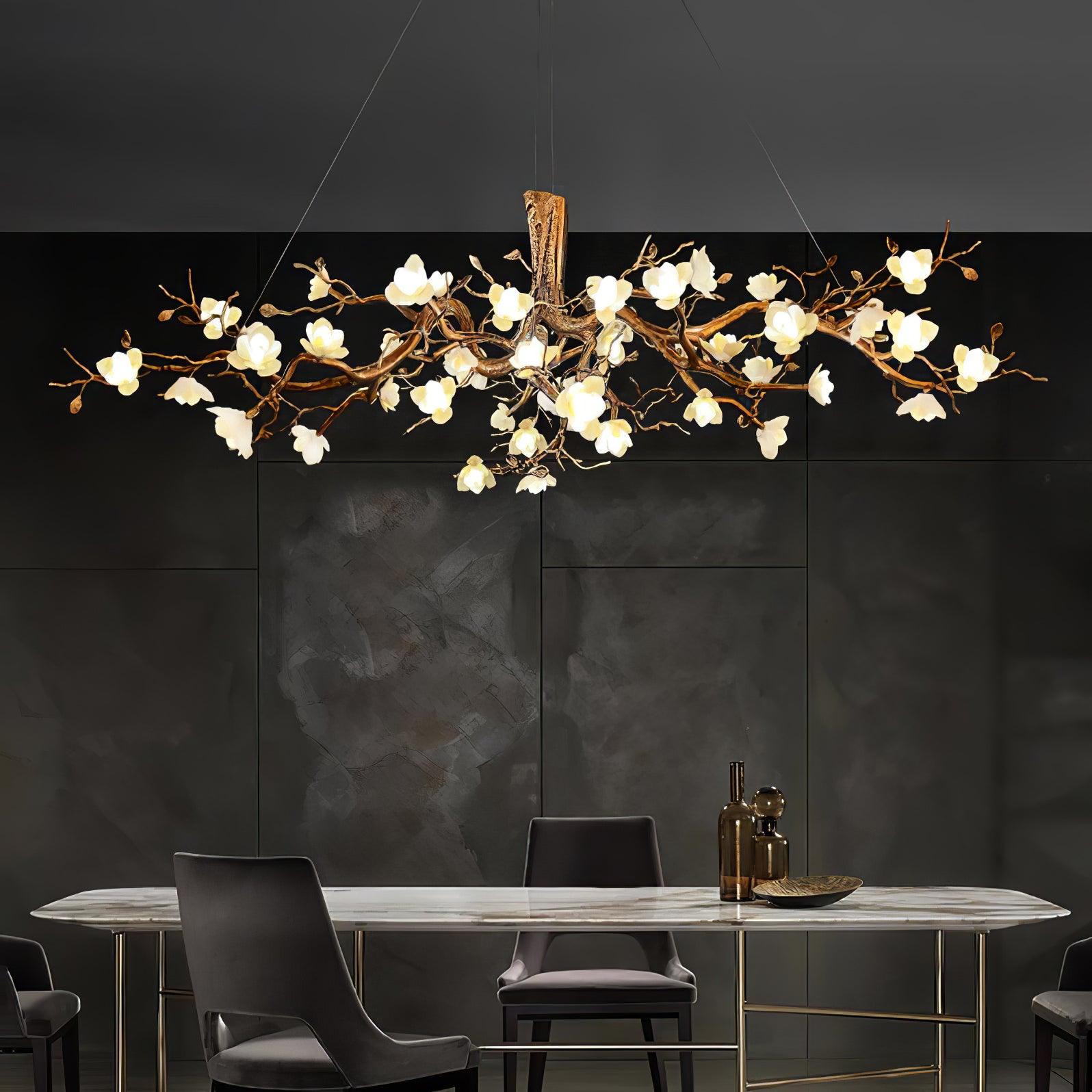 Tominex Postmodern Luxury Flower Bloom Branch Brass Ceramic Chandelier