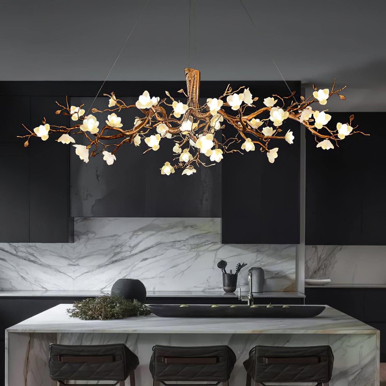 Tominex Postmodern Luxury Flower Bloom Branch Brass Ceramic Chandelier