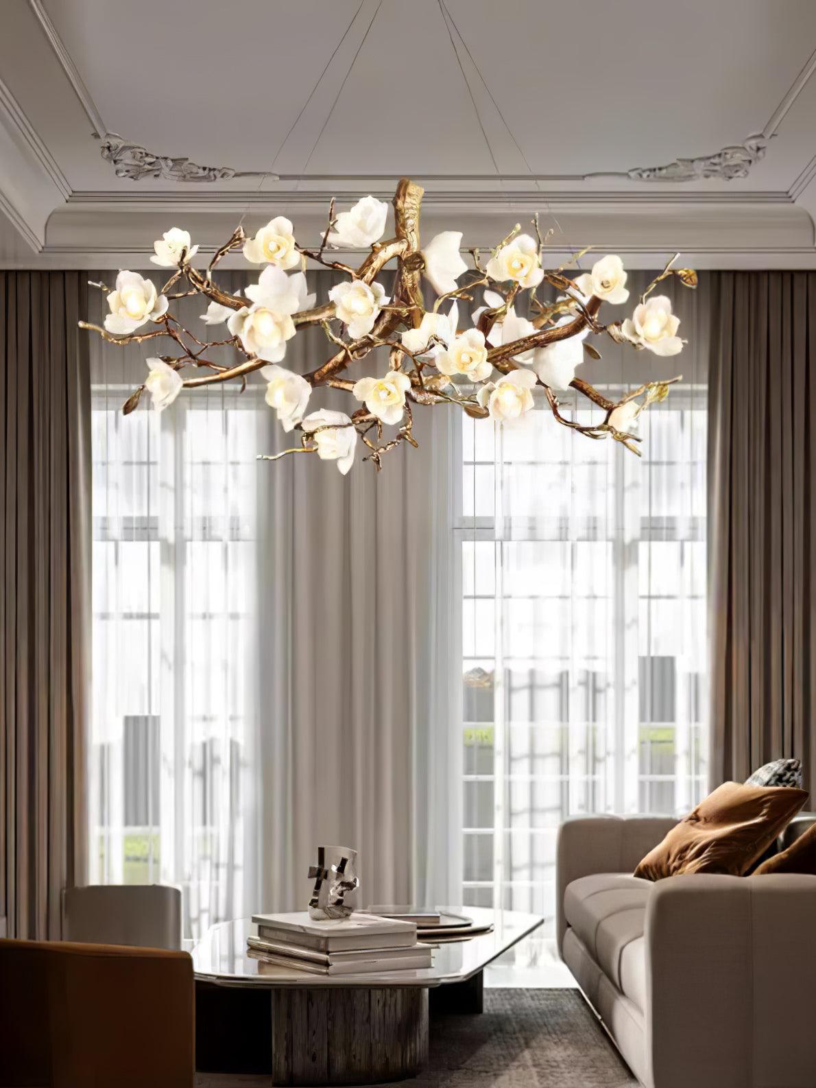 Tominex Postmodern Luxury Flower Bloom Branch Brass Ceramic Chandelier