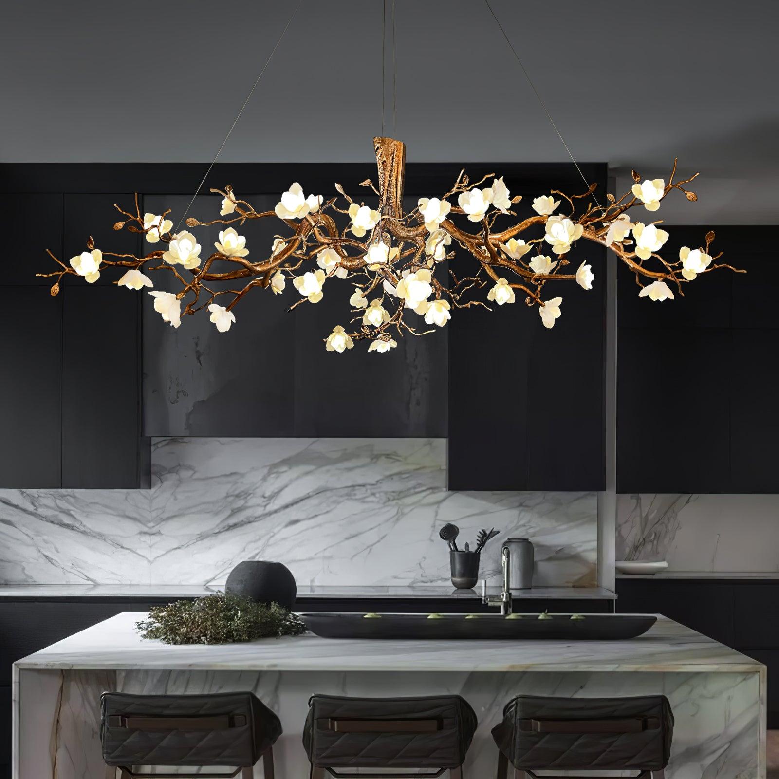 Tominex Postmodern Luxury Flower Bloom Branch Brass Ceramic Chandelier