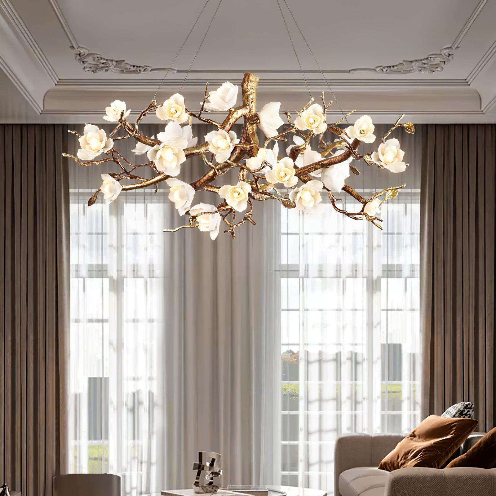 Tominex Postmodern Luxury Flower Bloom Branch Brass Ceramic Chandelier
