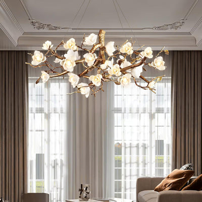 Tominex Postmodern Luxury Flower Bloom Branch Brass Ceramic Chandelier