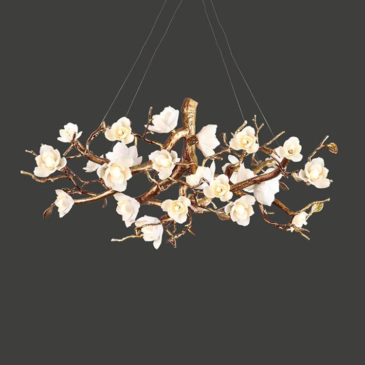 Tominex Postmodern Luxury Flower Bloom Branch Brass Ceramic Chandelier