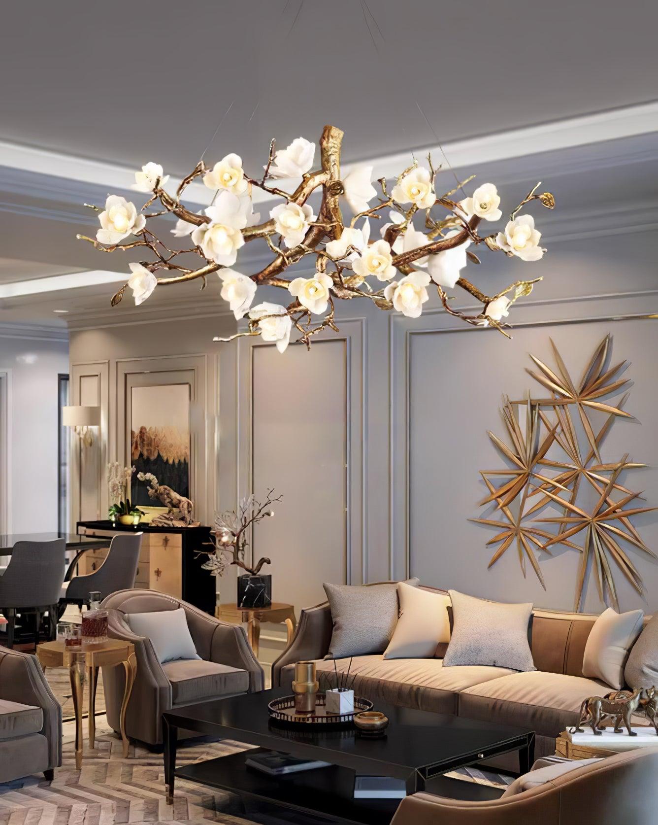 Tominex Postmodern Luxury Flower Bloom Branch Brass Ceramic Chandelier