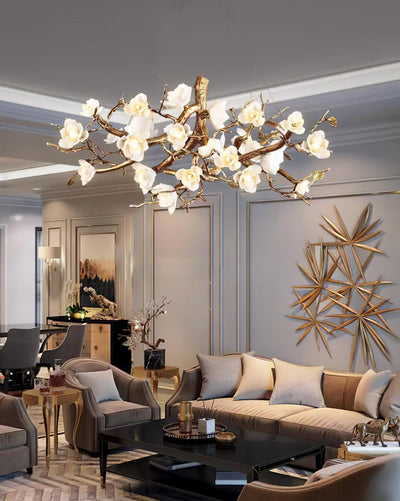 Tominex Postmodern Luxury Flower Bloom Branch Brass Ceramic Chandelier