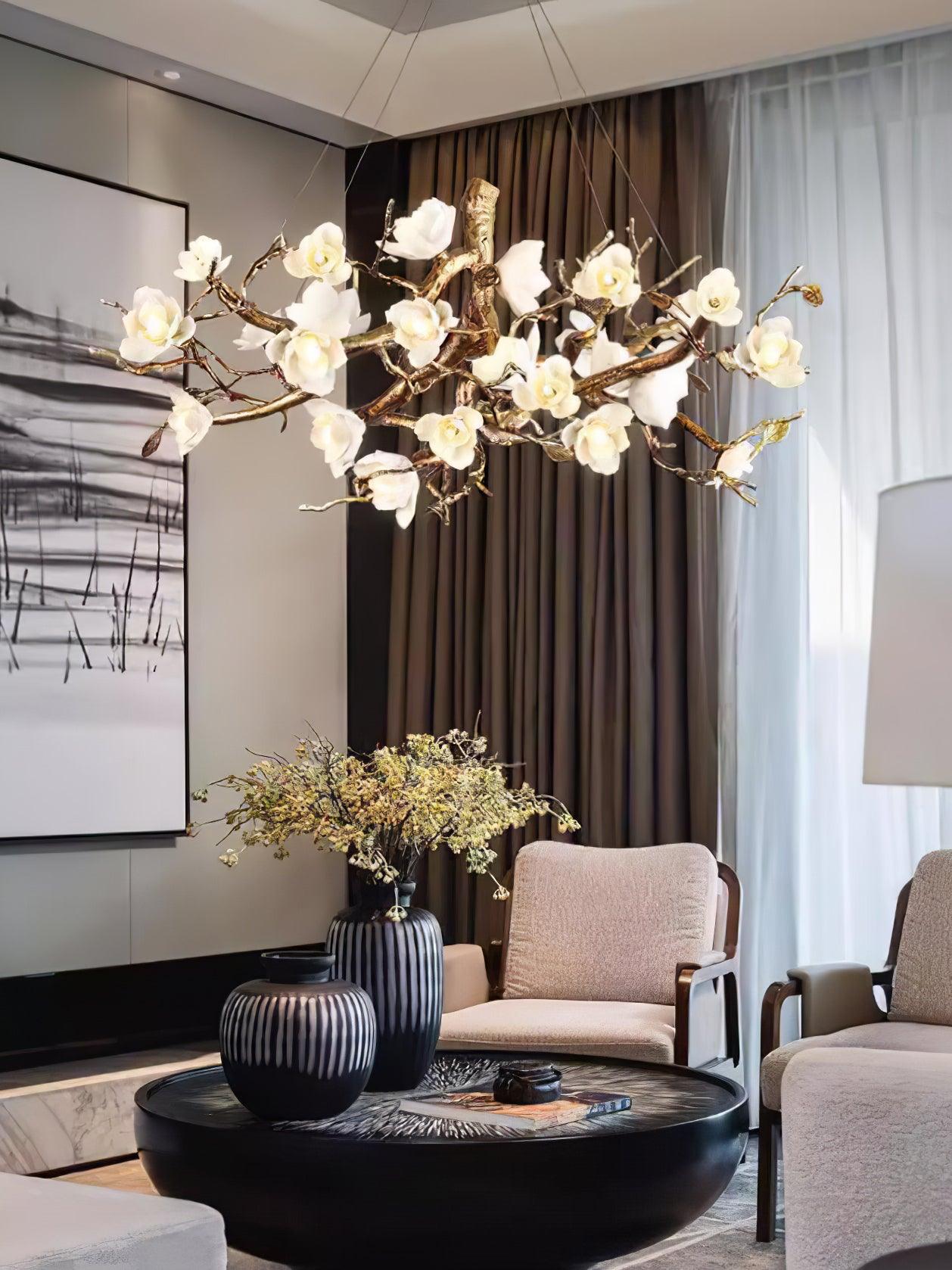 Tominex Postmodern Luxury Flower Bloom Branch Brass Ceramic Chandelier