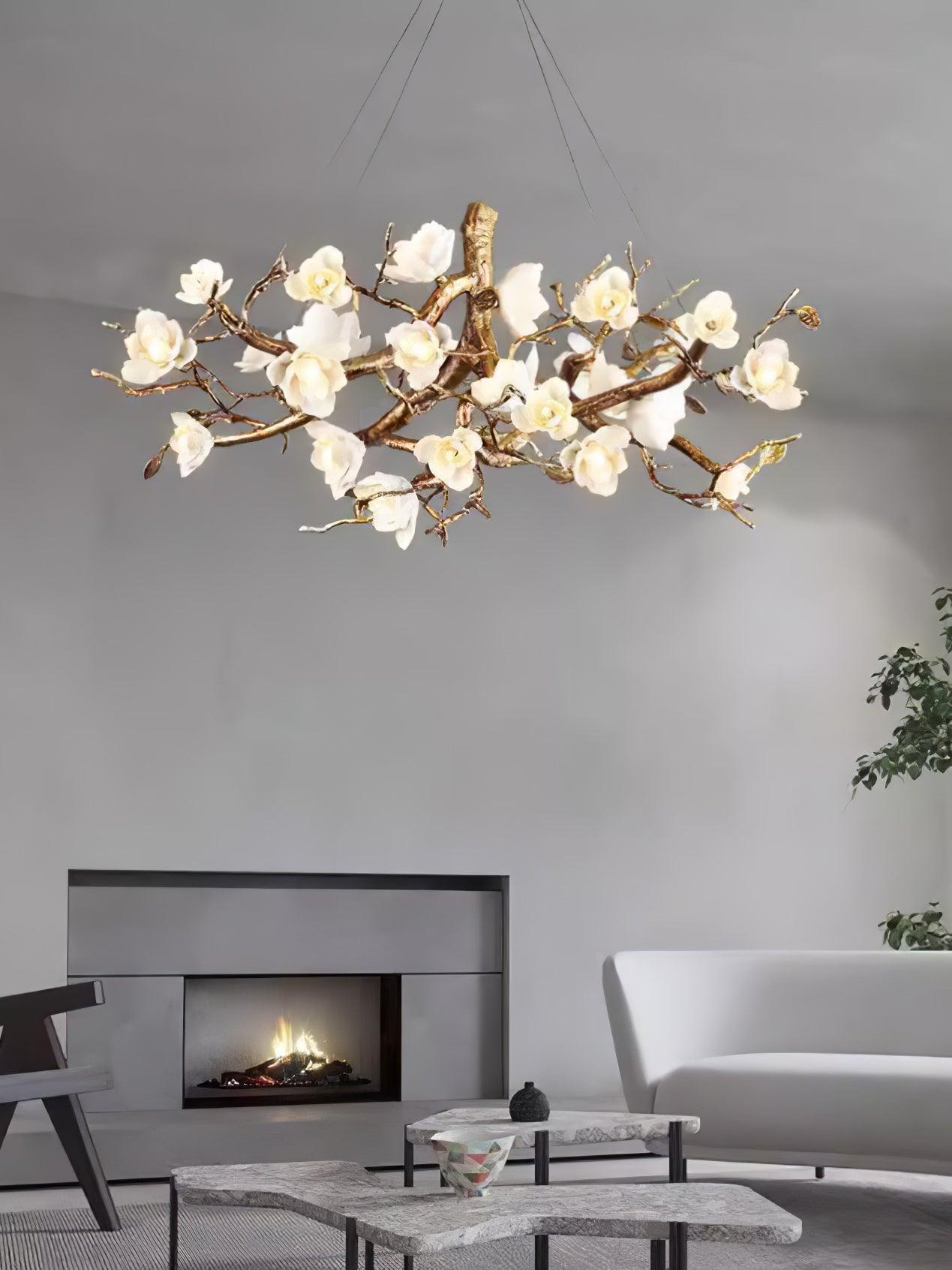 Tominex Postmodern Luxury Flower Bloom Branch Brass Ceramic Chandelier