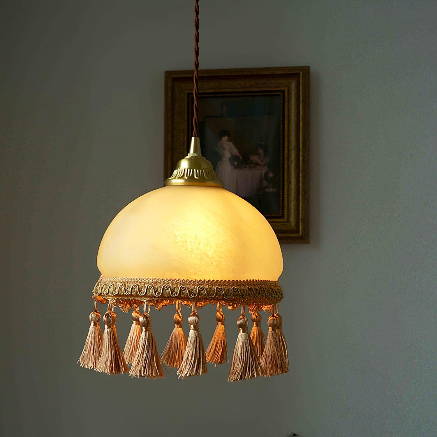 Sycaran French Tassels Swag Brass Glass Fabric Pendant Light
