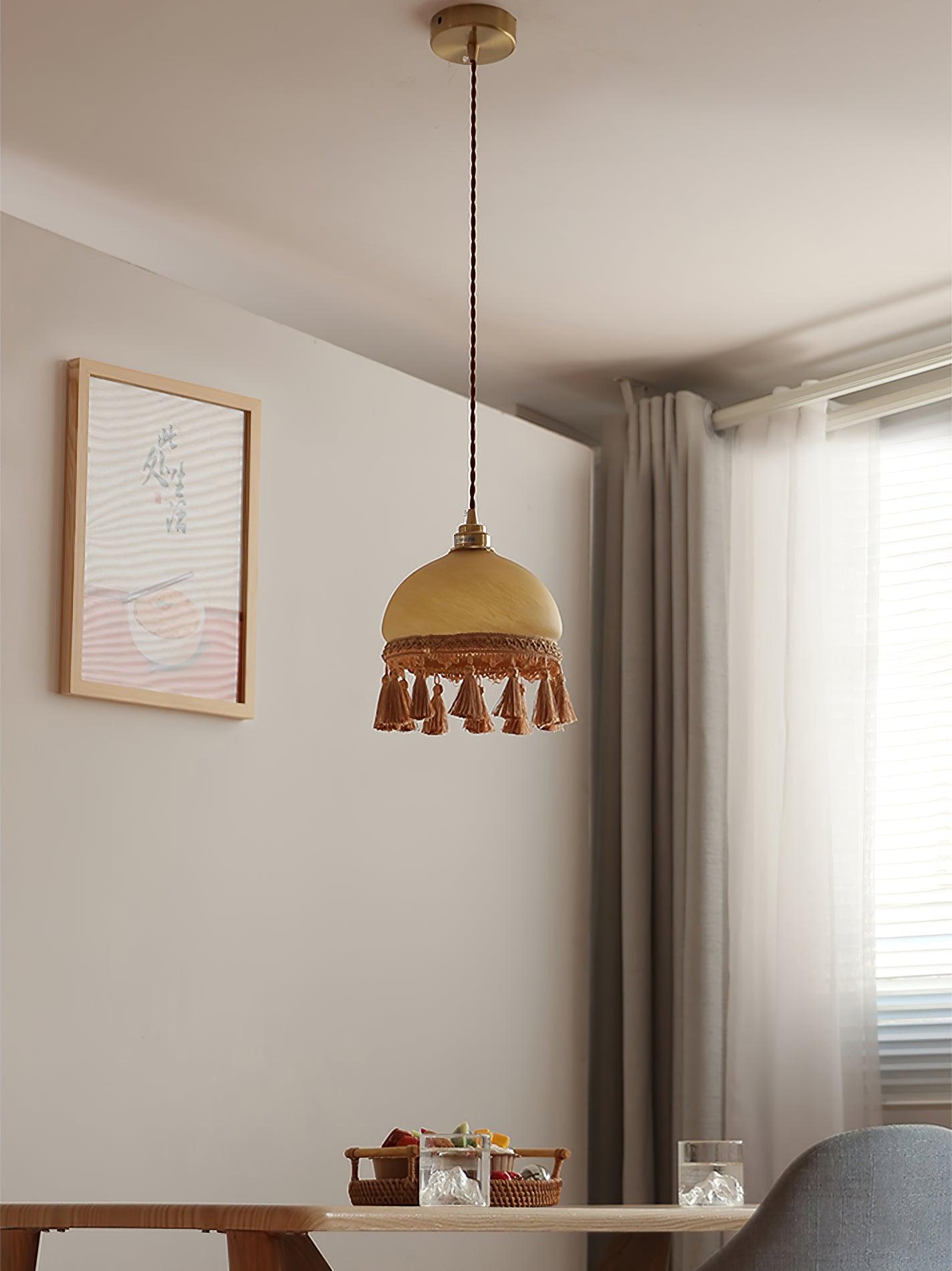 Sycaran French Tassels Swag Brass Glass Fabric Pendant Light