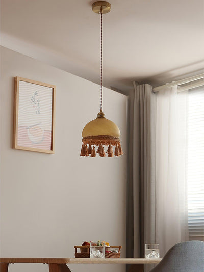 Sycaran French Tassels Swag Brass Glass Fabric Pendant Light