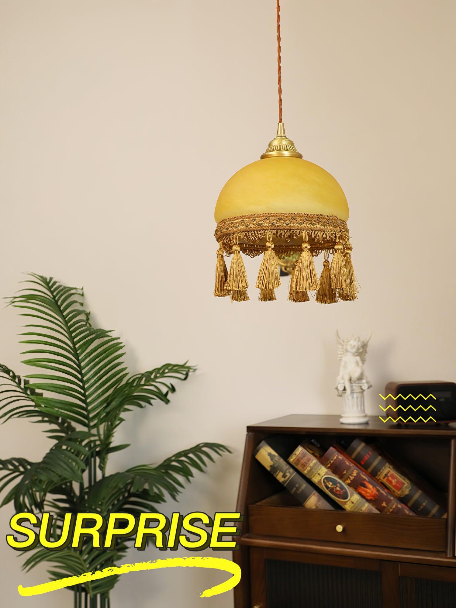 Sycaran French Tassels Swag Brass Glass Fabric Pendant Light