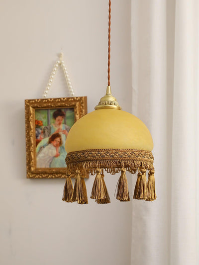 Sycaran French Tassels Swag Brass Glass Fabric Pendant Light