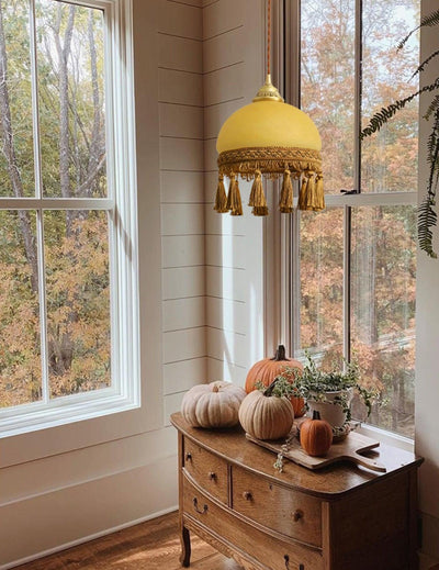 Sycaran French Tassels Swag Brass Glass Fabric Pendant Light