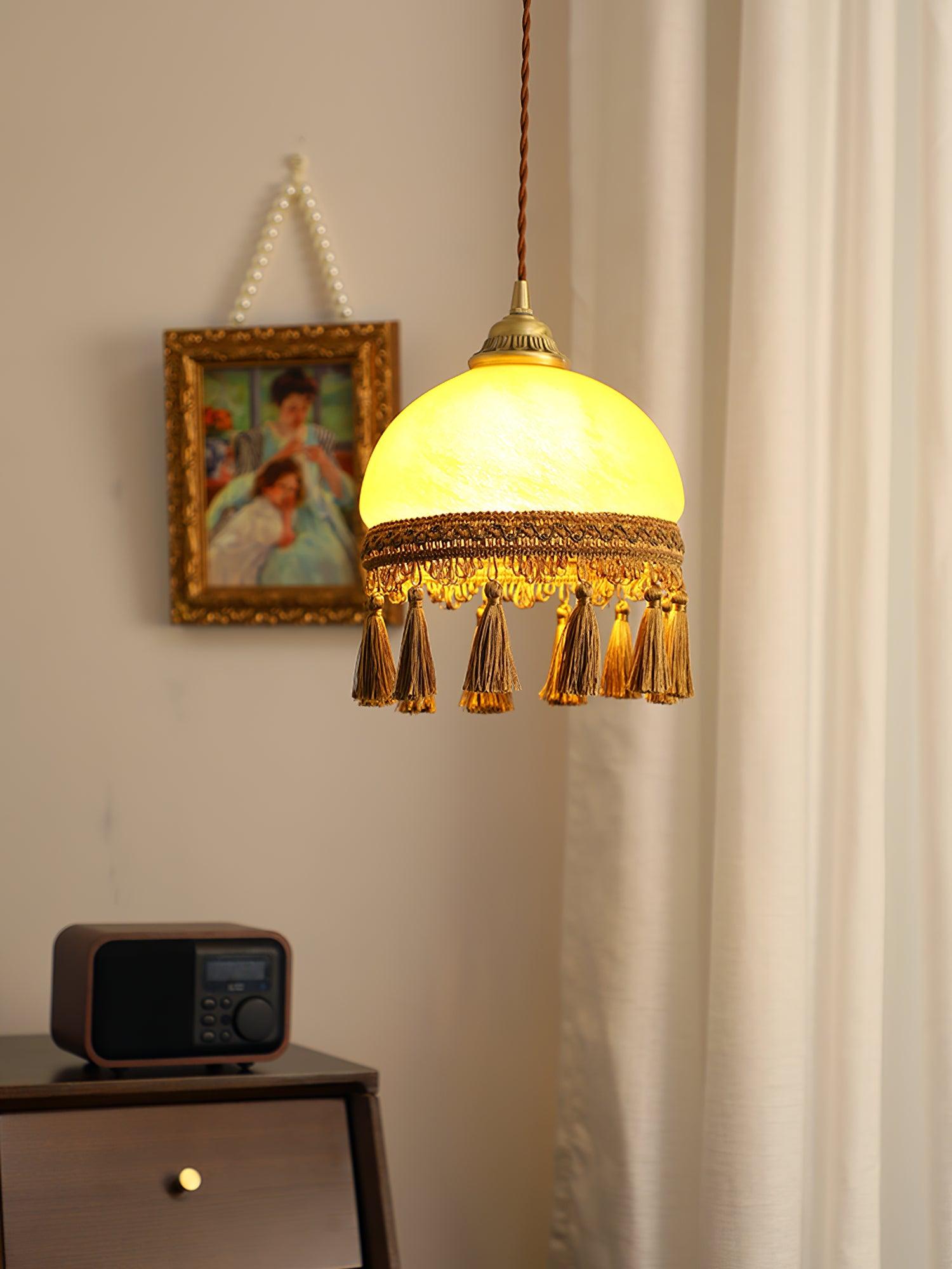 Sycaran French Tassels Swag Brass Glass Fabric Pendant Light