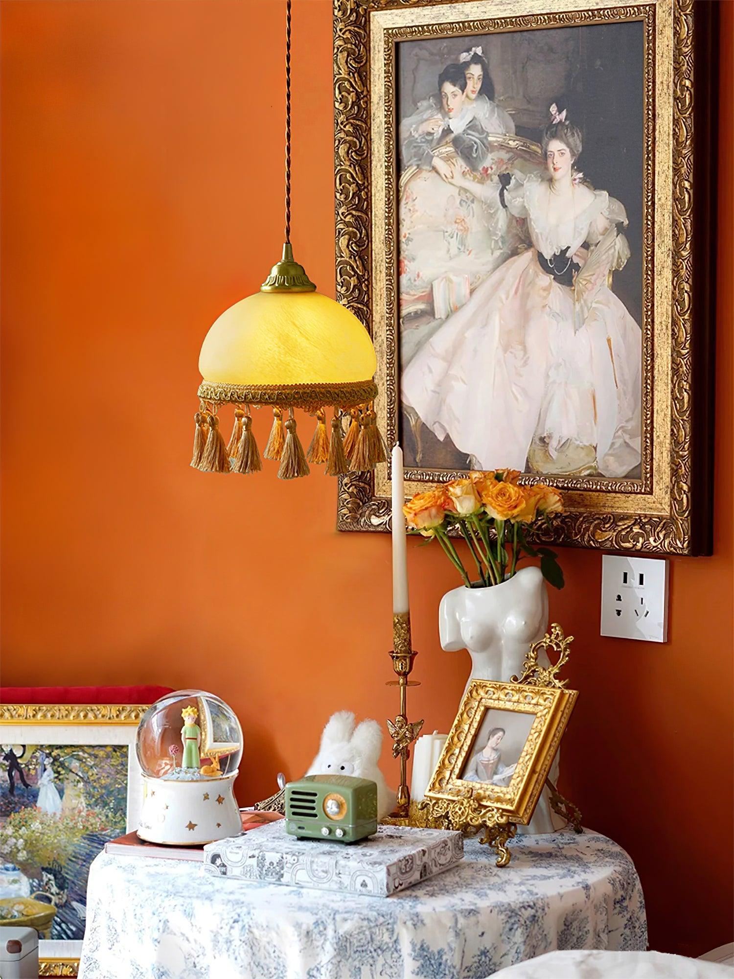 Sycaran French Tassels Swag Brass Glass Fabric Pendant Light