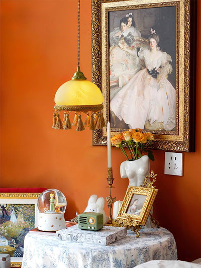 Sycaran French Tassels Swag Brass Glass Fabric Pendant Light