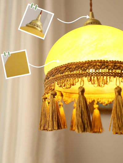 Sycaran French Tassels Swag Brass Glass Fabric Pendant Light