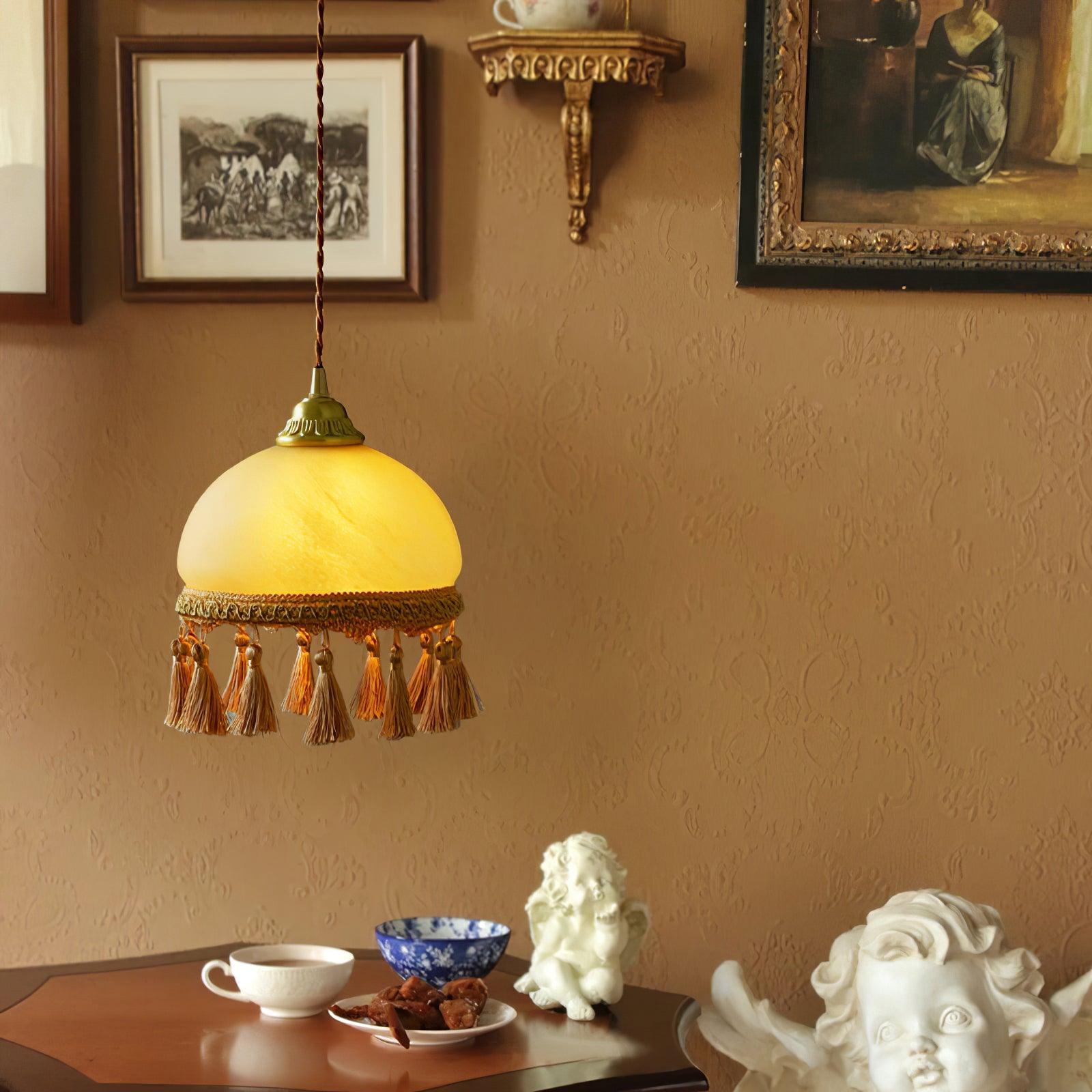 Sycaran French Tassels Swag Brass Glass Fabric Pendant Light