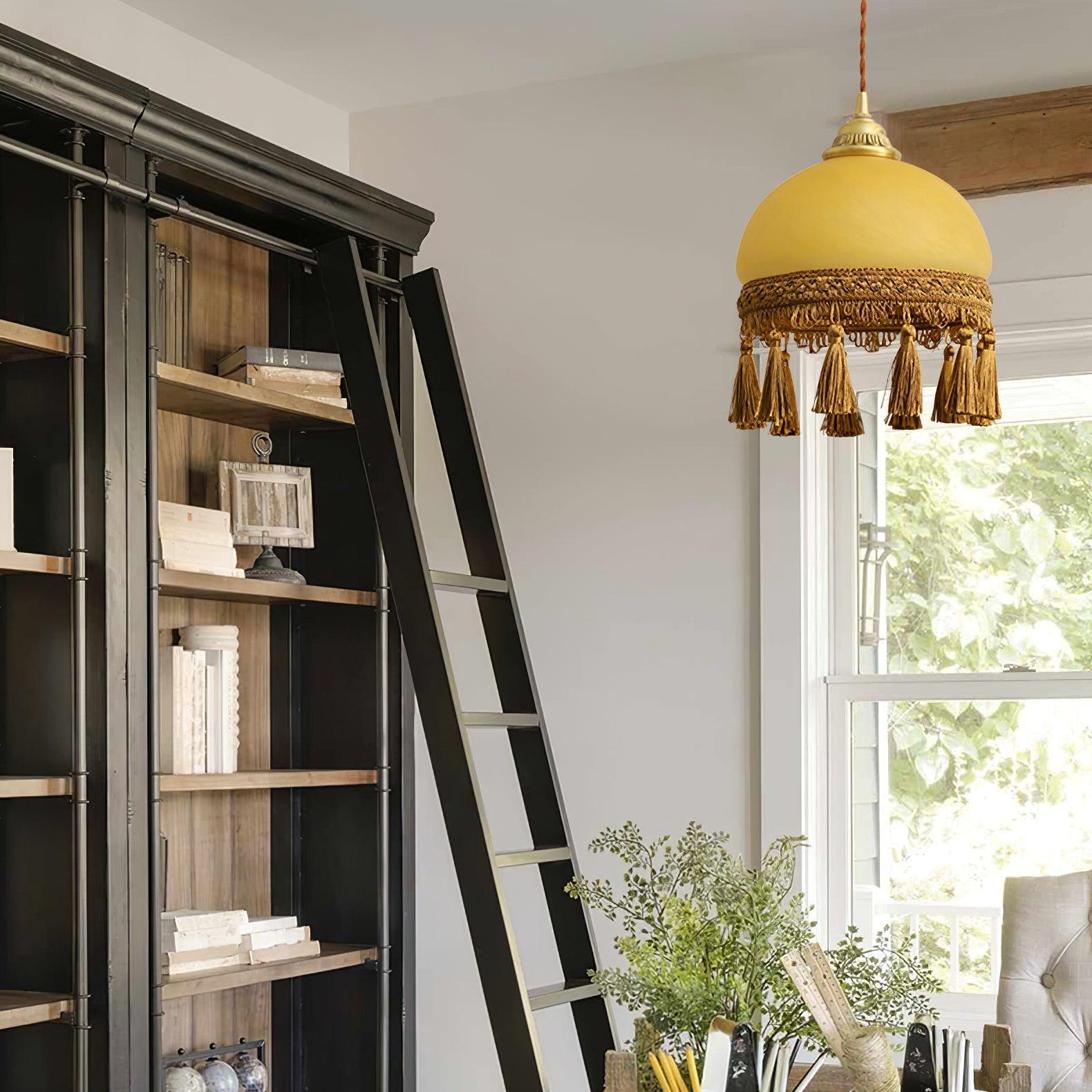 Sycaran French Tassels Swag Brass Glass Fabric Pendant Light