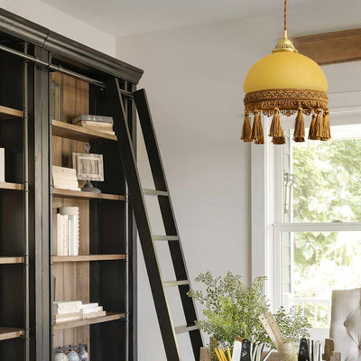 Sycaran French Tassels Swag Brass Glass Fabric Pendant Light