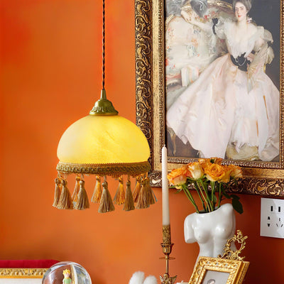 Sycaran French Tassels Swag Brass Glass Fabric Pendant Light