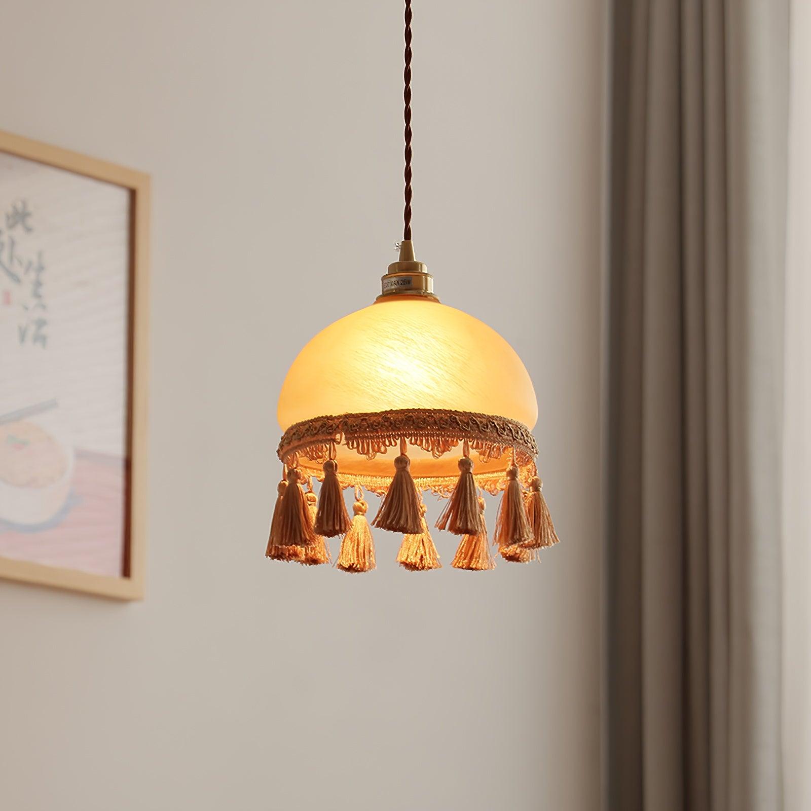 Sycaran French Tassels Swag Brass Glass Fabric Pendant Light
